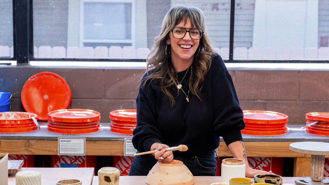 Ceramic artist Jess Hicks in the Tao of Clay Ceramics Studio San Diego California. 